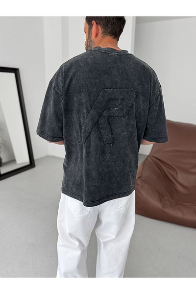 BYBASICMAN Black Washed R Embroidered Oversize T-Shirt Res-5222