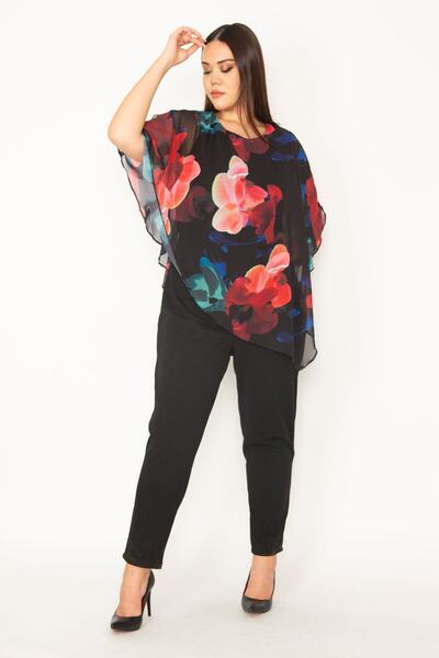 Şans Women's Large Size Black Top with Chiffon Cape Detailed Jumpsuit 65n23917