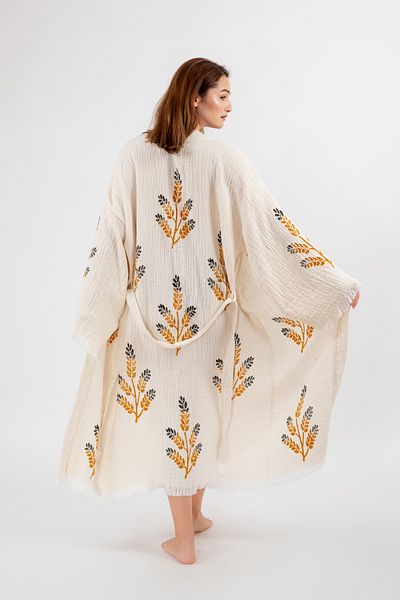 Befera Design Muslin Kimono 100% Cotton Spike Printed Patterned Bathrobe Kaftan Dressing Gown