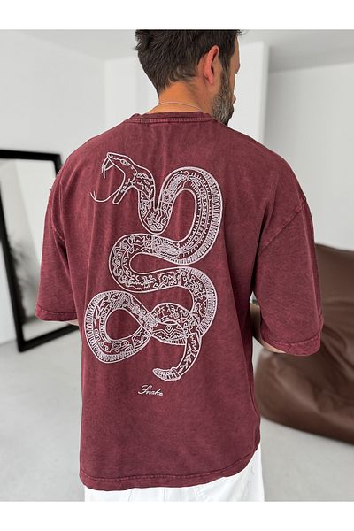 BYBASICMAN Burgundy Washed Snake Printed Oversize T-Shirt Res-5247