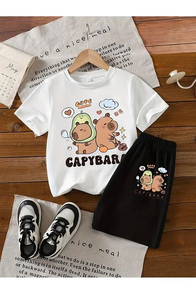 vinraus Girl\Boy White-Black Cute Capybara Printed Combed Cotton Shorts-Tshirt Set