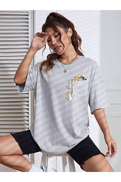 VBSVİBES Unisex Women/Men Cat Colorful Custom Printed Oversize Crew Neck Single Jersey T-Shirt