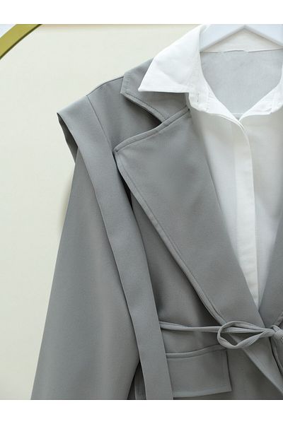 Modamorfo Pocket Detailed Tie Waist Jacket - Gray