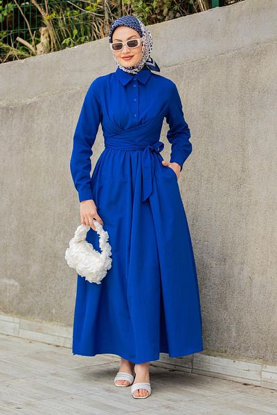 Tesettür Çarşım Qua Cotton Cotton Tie Dress-Saks