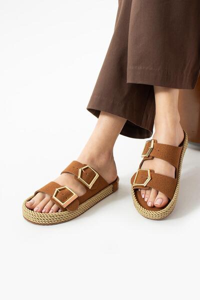 diclepolat Women's Double Buckle Daily Slippers Lipaz Tan Suede