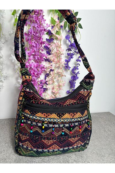 Sobe Hediyelik Geantă de umăr reglabilă cu model etnic boem cu detaliu de mărgele – colorată și elegantă