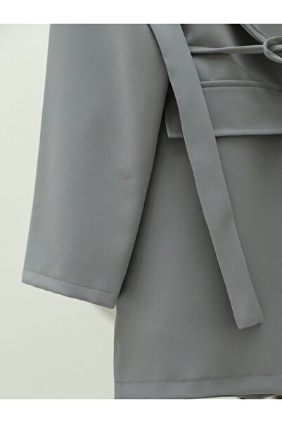 Modamorfo Pocket Detailed Tie Waist Jacket - Gray