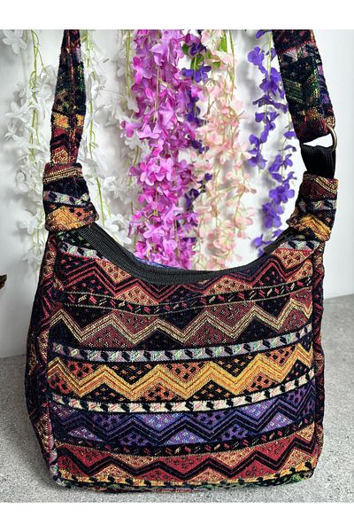 Sobe Hediyelik Geantă de umăr reglabilă cu model etnic boem cu detaliu de mărgele – colorată și elegantă