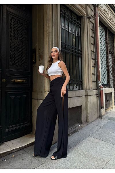 Bliss Women's Black Linen Slit High Waist Palazzo Pants