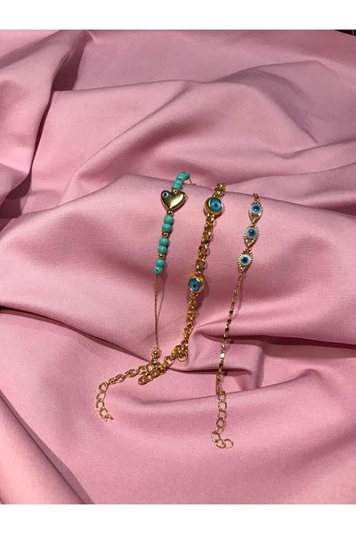 TÜKKAN ACCESSORİES 3-Piece Gold Bracelet with Evil Eye Bead Detail