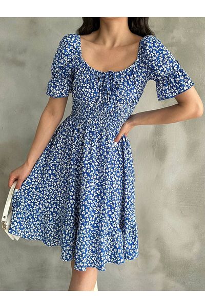 REELMODA Women's Blue Madonna Collar Skirt Gathered Gimped Patterned Summer Stretch Dress