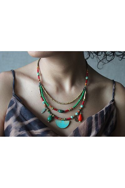 dela otantik Handmade Authentic Ethnic Beaded Women's Necklace - Vintage and Bohemian Style Turquoise Stone Festival Jewelry