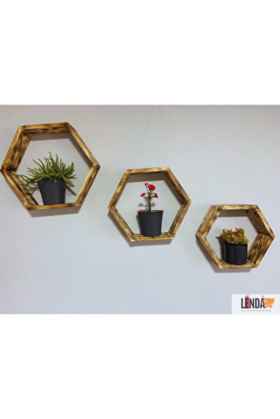 sgeteknoloji Ahşap Dekoratif Tasarımlı 3 Adet Altıgen Duvar Rafı