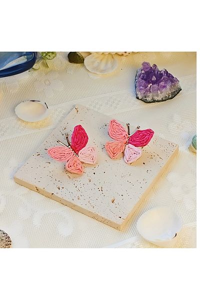 mos&more Pink Raffia Butterfly Summer Fashion Lightweight Women's Earrings
