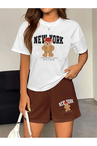 macklin Γυναικείο μπλουζάκι και σορτς με στάμπα New York Bear Everything με ειδικό σχέδιο - Σετ κορυφής