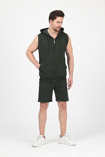 DAMGA JEANS Men's Hooded Sleeveless Zippered Summer Vest Loose Leg Sports Shorts Suit Khaki