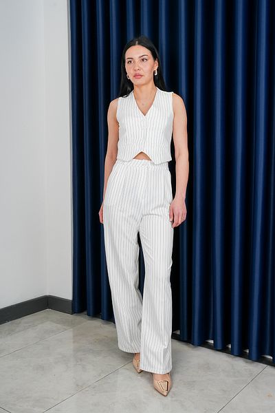 Stil Sepeti Women's White Striped V-Neck Vest Palazzo Pants Suit Drl- 100074256
