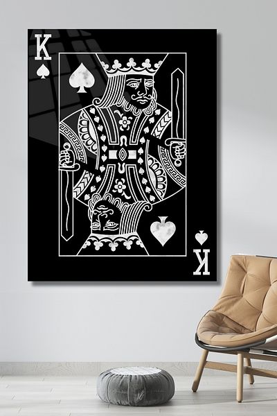 glassartdesign Tabloul de Sticlă Alb Negru cu Cărți de Joc Rege 2-Pictură Modernă-Decor Interior