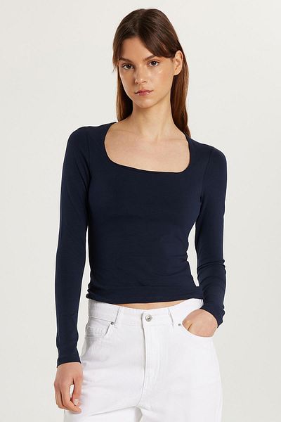 Tudors Дамска блуза Slim Fit с квадратно деколте, тъмносиня