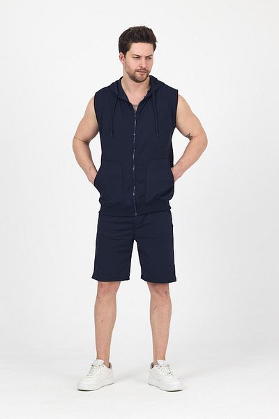 DAMGA JEANS Men's Hooded Sleeveless Zippered Summer Vest Loose Leg Sports Shorts Suit Navy Blue