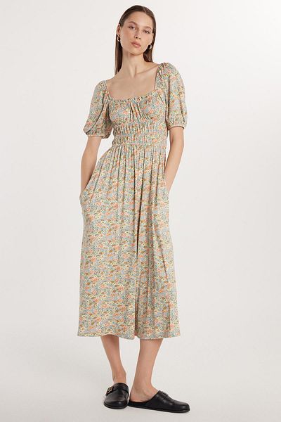 Tudors Rochie cu mânecă scurtă, cu mânecă scurtă, cu decolteu pătrat, cu buzunare laterale, cu imprimeu floral