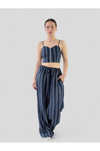 Retrobird Design Loose Cut Trousers Women Navy Blue