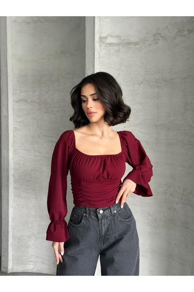 REELMODA ŽENY Vínová MADONNNA LÍMEC BALONOVÝ RUKÁV ELASTICKÝ V PASE PRUŽNÝ STYLOVÝ KREPOVÝ HALENKA