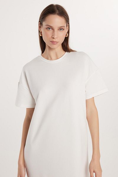 Tudors Women's Regular Fit Short Sleeve Stretch Fabric Pocket Crew Neck Ecru Dress