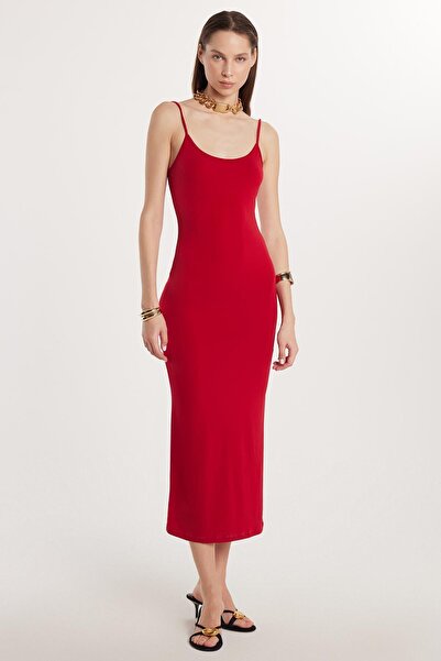 Tudors Women's Slim Fit Slim Fit Thin Strap Sandy Fabric Red U-Neck Long Dress