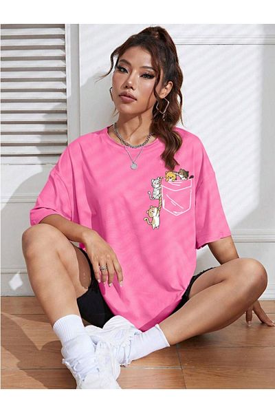 VBSVİBES Unisex Women/Men Cat Colorful Custom Printed Oversize Crew Neck Single Jersey T-Shirt