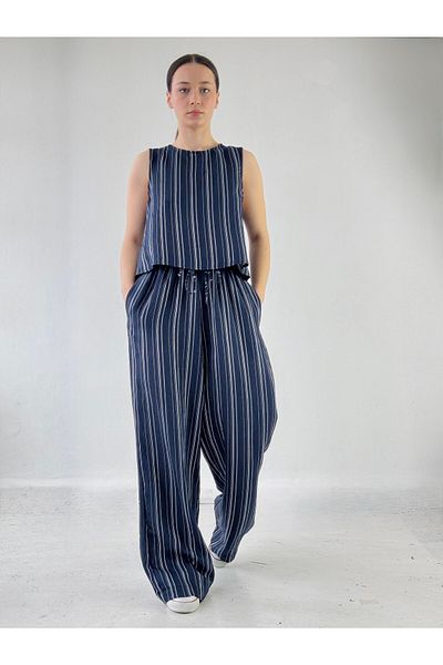 Retrobird Design Loose Cut Trousers Women Navy Blue