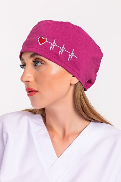 Nur Medikal Giyim Unisex Vişne Kalp Ritimli Nakışlı Doktor Hemşire Hastane Ce...