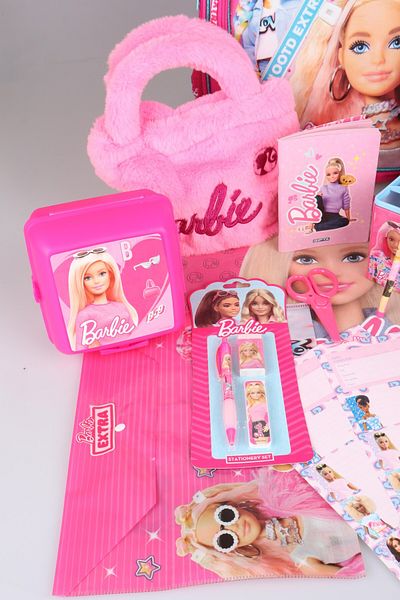 Barbie مجموعة الأميرة الوردية الزرقاء المرخصة بالكامل + الكاملة مع ديكوموس "باربي 3 أقسام للمدرسة والتغذية