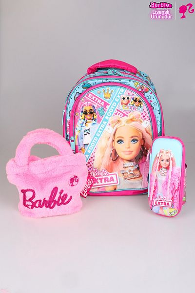 Barbie مجموعة الأميرة الوردية الزرقاء المرخصة من DEKOMUS - 3 أقسام للمدرسة، قلم رصاص وصندوق غداء، قارورة