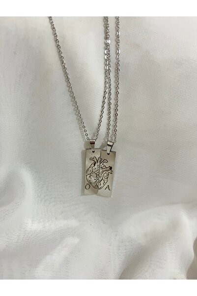 Çelik Harfli Birleşen Kalp Çift Kolyesi - En Güzel Hediye