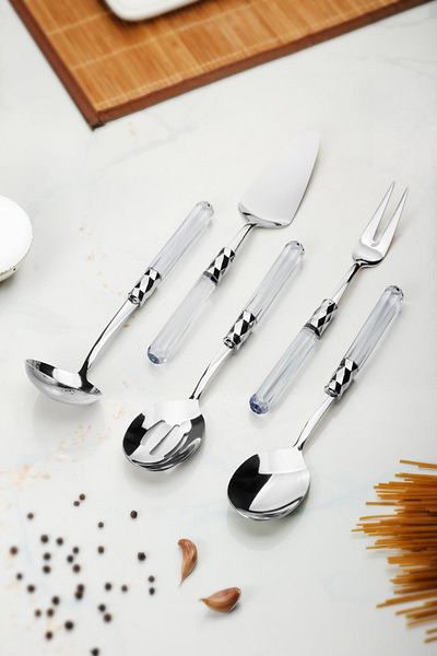 AC BOX 5 Piece Platinum Serving Set & Serving Presentation Set Transparent (Ladle / Colander / Spatula / Fork / Spoon)