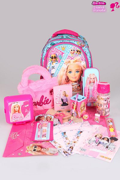 Barbie مجموعة الأميرة الوردية الزرقاء المرخصة بالكامل + الكاملة مع ديكوموس "باربي 3 أقسام للمدرسة والتغذية