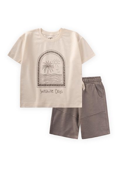 Cigit Sunshine Days Printed T-Shirt Suit 2-8 Years Ecru