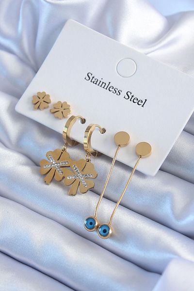 SeyCey.co 316L Steel Gold Color Zircon Stone Clover Model Women's Earring Set