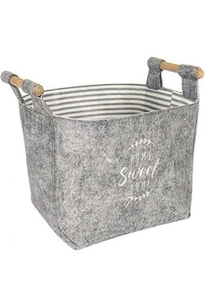 Mu Art Ahşap Buti Felt Organizer Basket with Wooden Handle - Multi-Purpose Storage Organizer Box Mini Gray