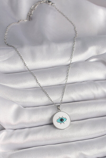 BSRE قلادة نسائية بسلسلة فضية اللون وعين تركواز مطلية بالمينا البيضاء (فولاذ ...