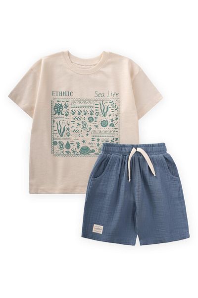 Cigit Ethnic Printed T-Shirt Suit 2-10 Years Ecru