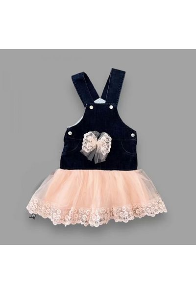 Skygo 2-3-4 Years Old Bow Button Detailed Tulle Skirt Jeans Fabric Salopet Girl's Dress Navy Blue-Powder