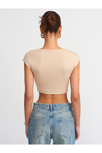 Dilvin 30528 Cotton and Modal Blended Crop Top-Ανοιχτό μπεζ