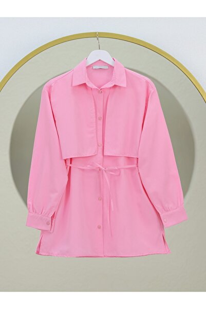 Modamorfo Bolero Detailed Tie Waist Slit Shirt -Pink