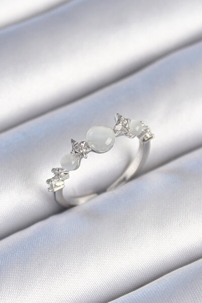 Nehir خاتم نسائي من النحاس الفضي اللون مرصع بحجر الزركون وتفاصيل نجمية ومينا ...