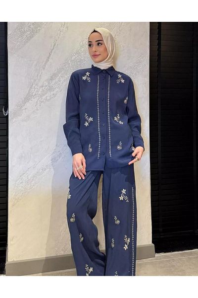 nizzell Women's New Season Embroidered Hijab Tunic Trousers Suit Comfortable Stylish Suit Navy Blue