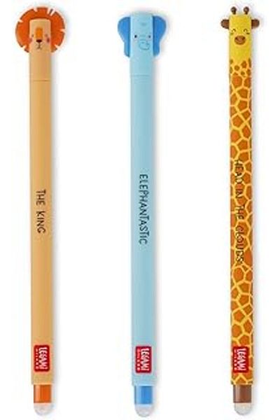 Mu Art Ahşap Legami 3-Piece Gel Pen Set. Savannah Collection - Lion, Giraffe, Elephant