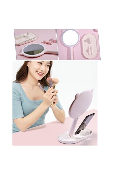 Go İthalat Kedi Kulaklı Telefon Standlı Yuvarlak Dokunmatik Led Ayarlı Masa Üstü Makyaj Aynası (4881)