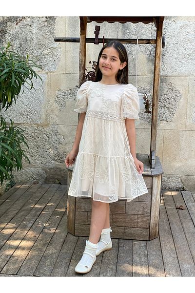 HC Kids Wear Girl's Tulle Embroidery Patterned Summer Eid Graduation Dress